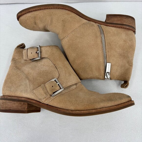 Michael Kors Suede Ankle Boots Size 6.5 Tan Leather Side Zip Block Heel Bootie - Picture 2 of 12